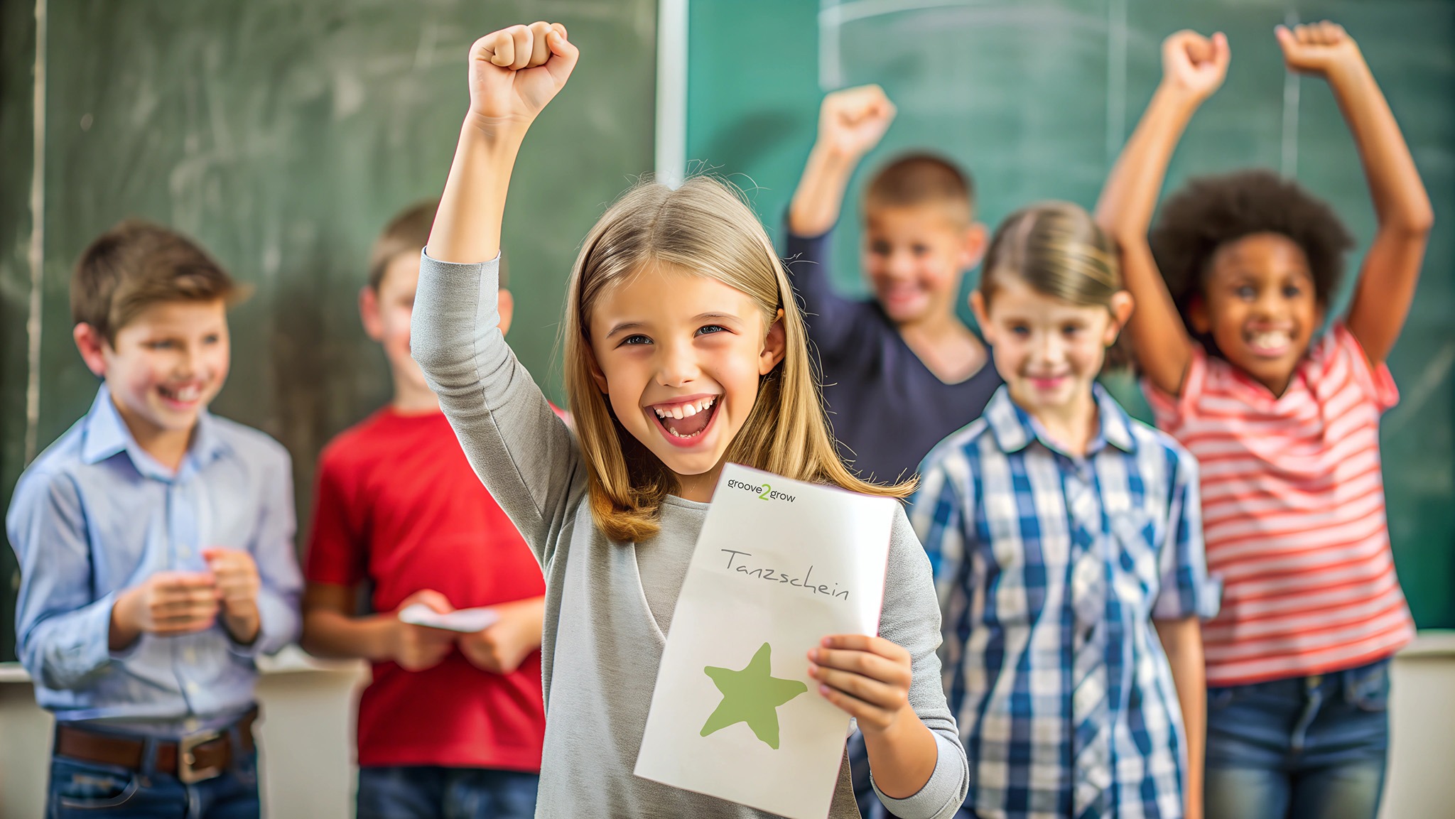 Vom TikTok-Trend zum Lernerfolg: Der Tanzschein im Unterricht Ein glückliches Mädchen hält stolz ihren groove2grow Tanzschein in die Kamera, im Hintergrund jubeln Mitschüler in einem Klassenzimmer.