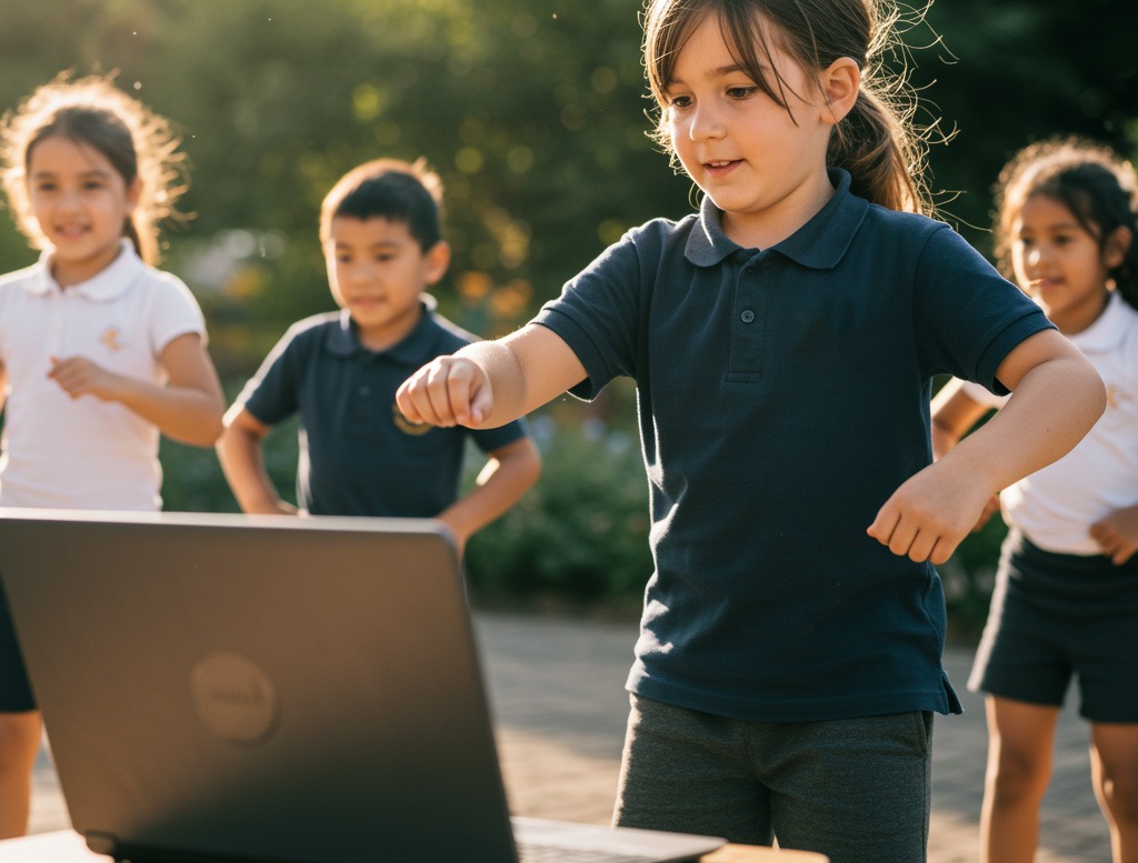 Hinter den Kulissen: groove2grow auf dem Marktplatz Lern-Apps Eine Schülerin folgt konzentriert einer Tanzanleitung auf einem Laptop im Freien – Qualitätssiegel Lern-Apps für groove2grow.