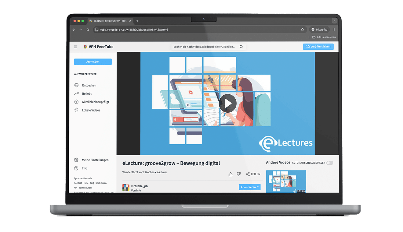 Kostenlose e-Lecture: So nutzt du groove2grow optimal Ein Laptop zeigt eine kostenlose Online-Lecture (e-Lecture) zur Einführung in die groove2grow-Plattform auf VPH PeerTube.