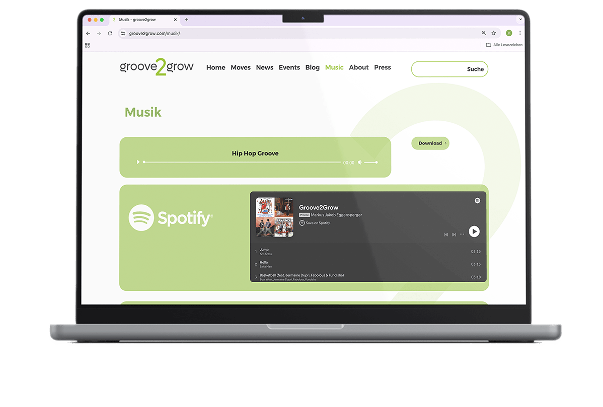 Ein Laptop zeigt die groove2grow-Musikseite mit kuratierten Spotify-Playlists für Tanz und Bewegung in der Schule.