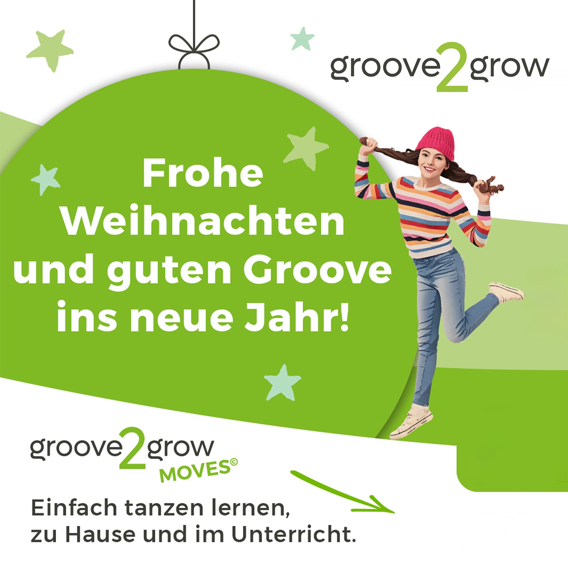 Weihnachts-Newsletter von groove2grow mit festlichen Grüßen und einem tanzenden Mädchen in Winterkleidung