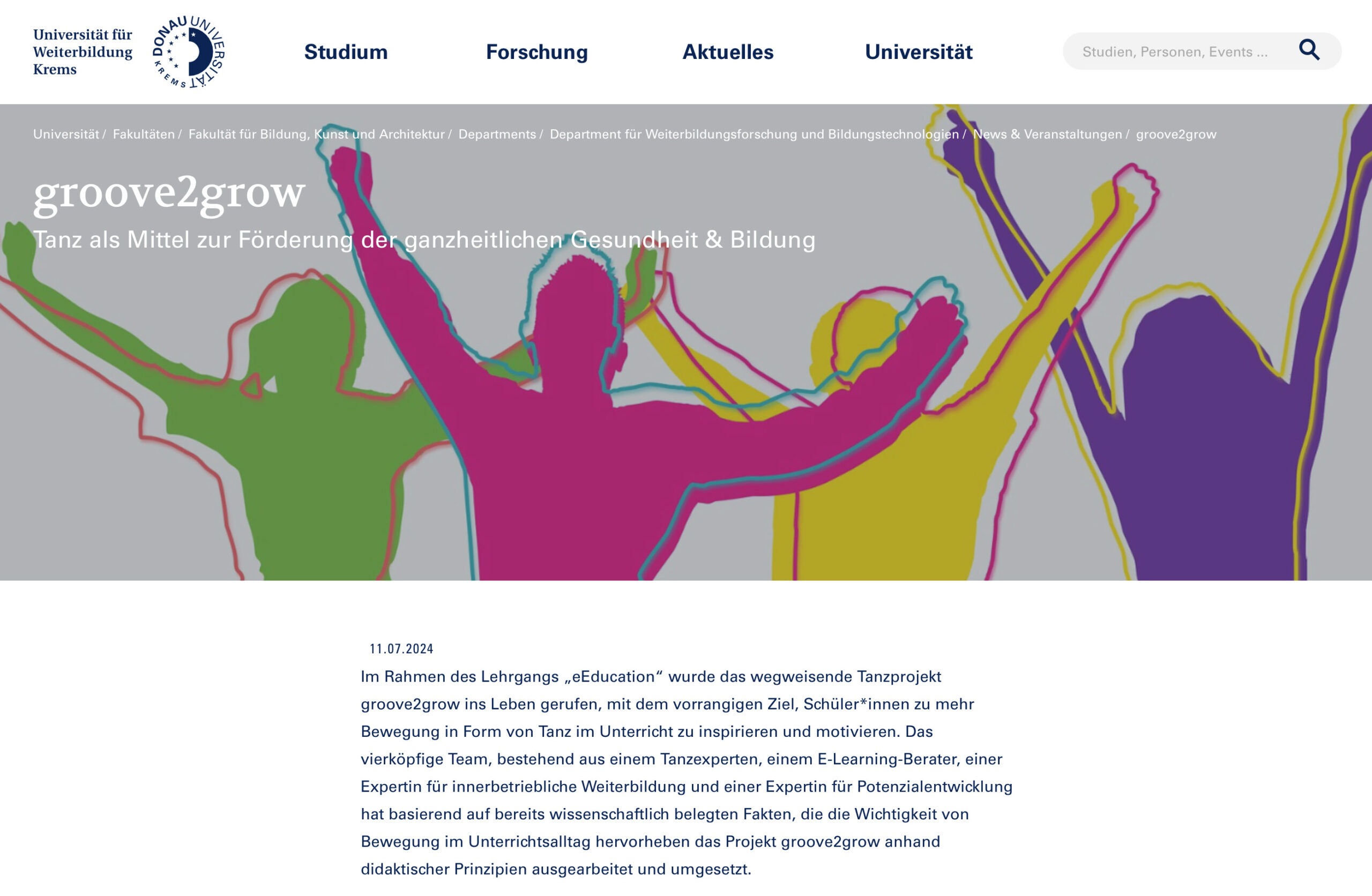 Screenshot der Webseite der Universität für Weiterbildung Krems über das Tanzprojekt groove2grow zur Förderung von Gesundheit und Bildung.